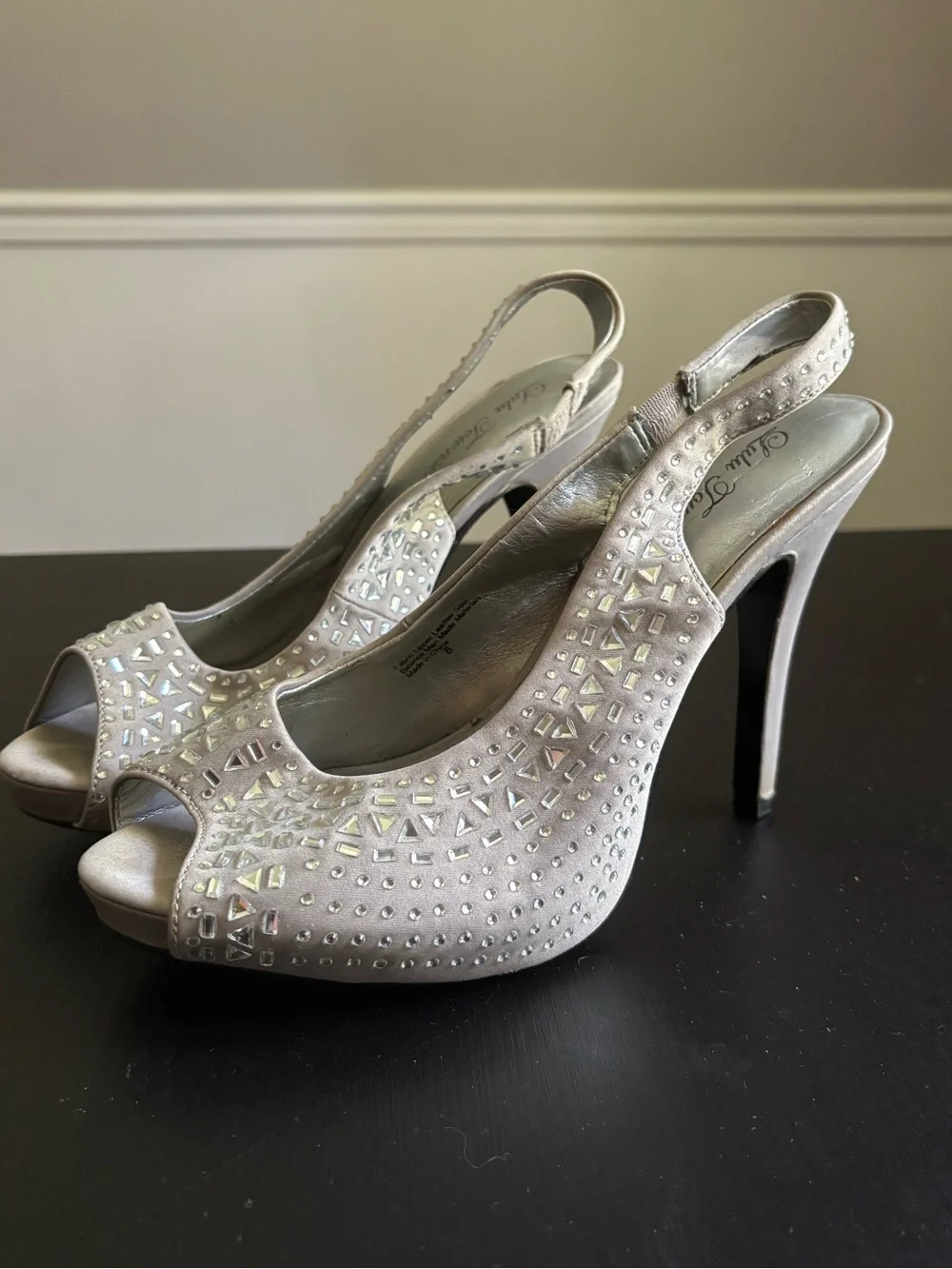 Lulu Townsend Silver Crystal-Embellished Peep-Toe Slingback Heels